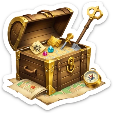 An icon featuring a treasure chest overflowing with gold, a treasure map with a compass rose, a backpack, and a shovel. The map guides the way, symbolizing the adventure of treasure hunting. Set against a transparent background, the design evokes excitement and exploration. sticker