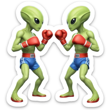 two aliens boxing in a fight stance, facing each other with raised gloves, dynamic action pose, intense expressions, sci-fi arena vibe, 3D cartoon style, mobile game icon style, clean background, no text, no watermark
 sticker