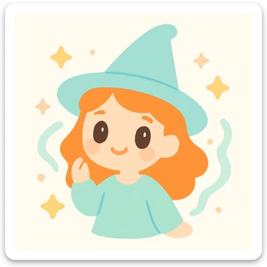 a ginger witch with bright orange hair, pointy hat, and magical aura, whimsical style, cute and charming sticker