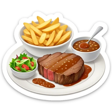 big juicy australian steak meal featuring chips, small salad in a ramikan and gravy in a small bowl on the plate sticker