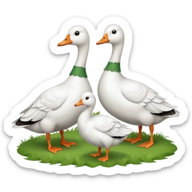 9 white geese standing on a green hill, front view, foggy, all looking in different directions, one is on the top  sticker