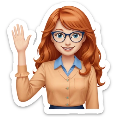 redheaded woman with very long wavy hair and bangs, blue eyes, cat-eye glasses, pencil skirt, apricot blouse, waving, smiling sticker