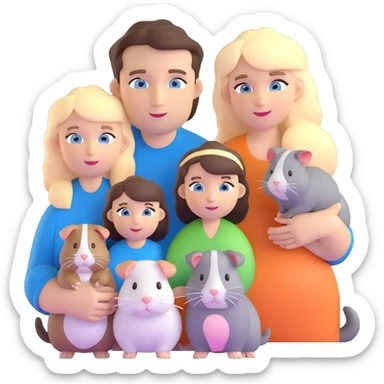Family portrait with father with dark brown hair and blue eyes, mother with light brown hair and blue eyes, three blonde little girls with blue eyes, plus a grey cat and two guinea pigs sticker