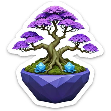 Futuristic wild glowing alien moss maples Bonsai hair-fine-leaf group multi faceted intricate crystal inspired boxwood purple rose blue informal rocky cliffhanger eight trees forest planting in shallow origami slab style pot with big anthropomorphic feet  sticker