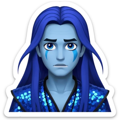 Hades from Lore Olympus with long indigo hair, indigo sequin outfit sticker