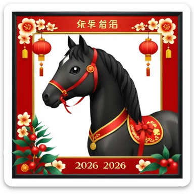 Chinese new year 马，我要有新年气氛的… 背景可以加屋子等吗… 可以加 新年快乐 2026 字眼吗 sticker
