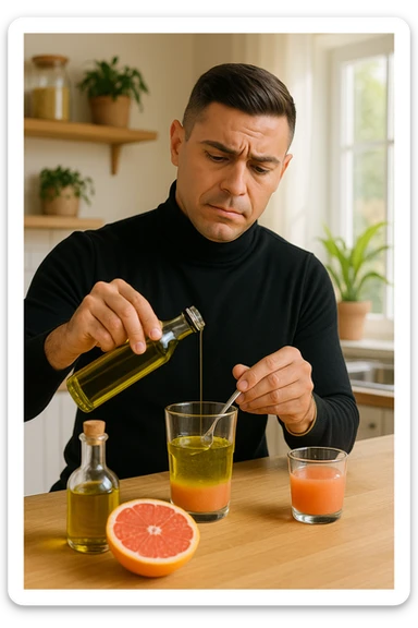 A realistic, warm-toned photo-style image of a man in his kitchen preparing a liver and gallbladder flush. On the counter, there is a small glass bottle of high-quality extra virgin olive oil with a rich green hue, and a freshly cut pink grapefruit with a small glass of its juice next to it. The man, in his mid-30s, looks focused and slightly apprehensive as he mixes the olive oil and grapefruit juice in a clear glass, preparing to drink it as part of a natural gallbladder cleanse. The background is clean, bright, and minimalist with wooden countertops, green plants, and sunlight coming through the window, giving a sense of natural health practices. The mood conveys a realistic moment of alternative health care, illustrating the preparation and intention for a natural flush to address gallstones, while maintaining a calm, educational, and hopeful tone sticker