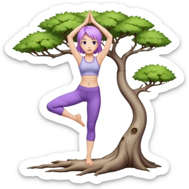 Девушка белокожая, со светло-фиолетовыми волосами, в одежде для йоги, стоит в позе дерева, с правильными пропорциями sticker