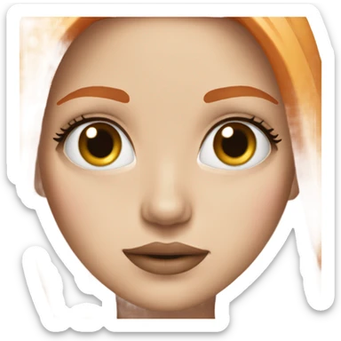 A girl has white skin, orange and straight hair. Also her eyes are brown. She has pink lipgloss sticker