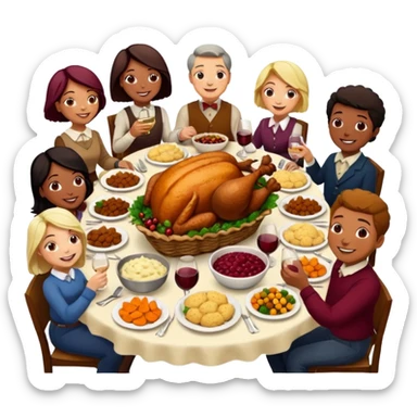 Thanksgiving Dinner with 10 people of different skin color around the table; have the food be a cooked turkey, mashed potatoes, corn, a basket of biscuits, a small bowl of cranberry sauce, baked yams, steamed vegetables, and a bottle of wine. sticker