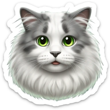 A realistic fluffy white and grey and green eyed cat  sticker