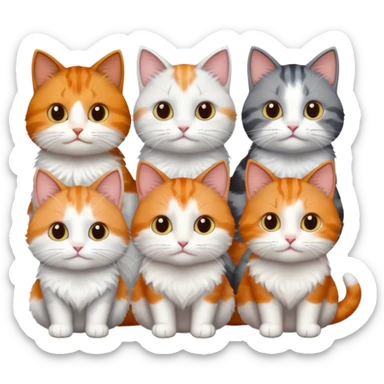 6 cats with different coloured coats, 2 are grey and white, 1 is grey with a little white, 1 calico, 1 brown tabby and white and one ginger and white sticker