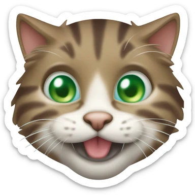 Laughing fluffy brown tabby cat with white nose and blue green eyes  sticker