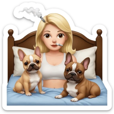 Cannabis bong smoking blonde in bed with brown and white French bulldog and dark brown French bulldog sticker
