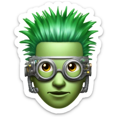Green Mohawk hair male cyborg head with white steampunk goggles and circuits sticker