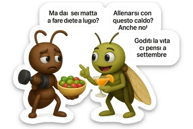 EMOJI STILE IPHONE 3D DI una cicala e una formica che parlano tra loro, la formica ha nella mano destra un manubrio da palestra e nella nella mano sinistra una bowl di insalata, la cicala invece ha un cocktail in mano, la cicala prende in giro la formica E LE DICE IN 3 FUMETTI DIFFERENTI: "Ma dai, sei matta a fare diete a luglio?”
“Allenarsi con questo caldo? Anche no!”
“Goditi la vita, ci pensi a settembre.”
 sticker