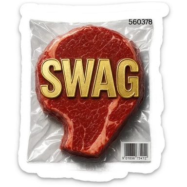 steak with gold outlined 'SWAG' letters, glossy sticker