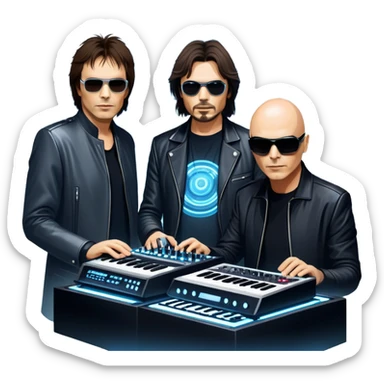Icon for Electronic Music: Jean-Michel Jarre, Moby, DJ Tiesto, and Jorn van Deynhoven performing with synthesizers, turntables, and futuristic lighting effects. The design should evoke the vibrant and immersive atmosphere of electronic music festivals. Transparent background. sticker