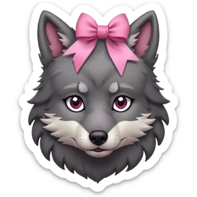sad 🥺 cute dark grey wolf with a pink ribbon ion his head sticker