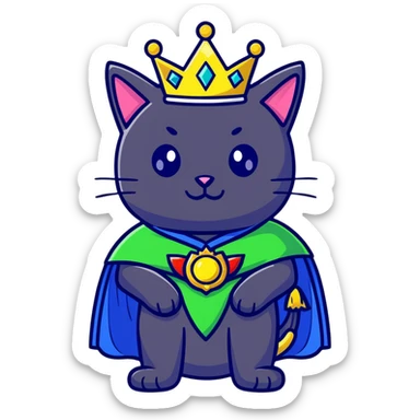 black cat with brilliant neon green eyes wearing a royal blue cape trimmed in gold and a crown with jewels sticker