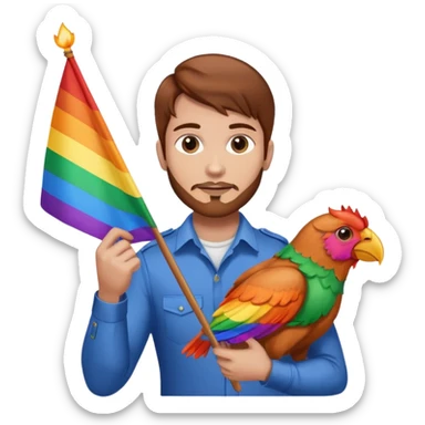 Guy with brown hair holding buffalo chicken and a gay pride flag sticker