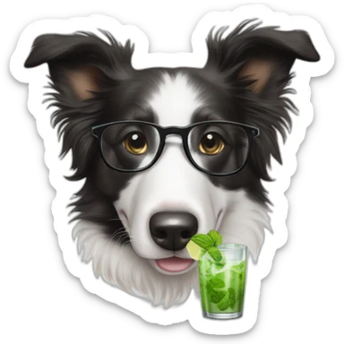 puppy border collie with glasses sniffing mojito sticker