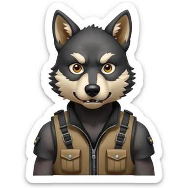 A full black anthropomorphic wolf with white marks, he is wearing a rubber like dog muzzle, and his ears are standing up with a variety of piercings. He has a black tactical vest on, and he is in a grumpy mood, his arms just hanging by his side sticker
