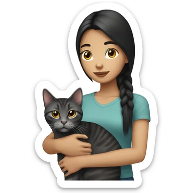 teenage girl with black straight hair holding a dark grey tabby cat sticker