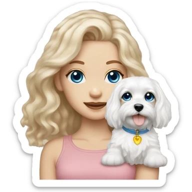 Maltese puppy with light skin  girl owner long wavy hair an blue eyes  sticker