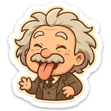 Einstein sticking out his tongue, cartoon style, zany face, playful and exaggerated expression sticker