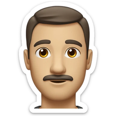White man with dark brown short shag haircut, thick eyebrows, soulful brown eyes, large ears, pronounced cheekbones, and a simple moustache. sticker