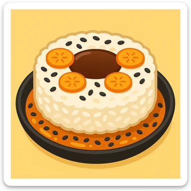 A dish of rice topped with black sesame seeds and soy sauce, emoji style. sticker