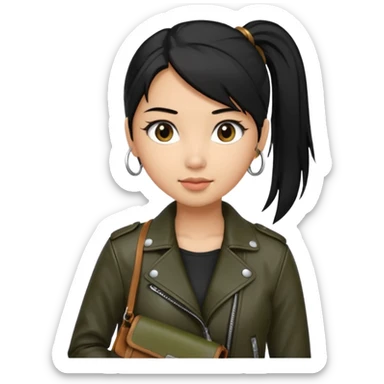 A girl with a pony tail black hair and olive ish skin, Asian eyes, with a black jacket and a brown purse  sticker