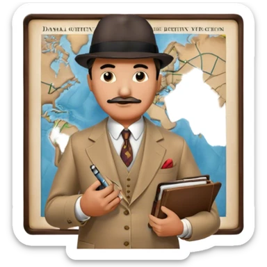 A cinematic-style frame showing Hercule Poirot in his iconic suit with a notebook in a dramatic detective pose. Background should be mysterious city, map, a board with photos of suspects, clues like fingerprints. Transparent background. sticker