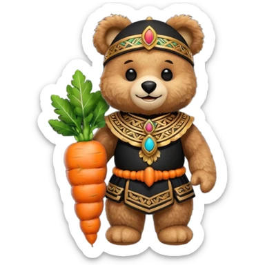 teddy bear, wearing black mayan ancient custome, with carrot half body sticker