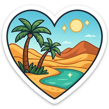 heart with a sparkling desert oasis, clean digital illustration, no background sticker