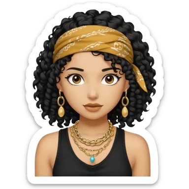 Baddie girl with black  tank top curly hairss and bandana and jwellery face only not body sticker
