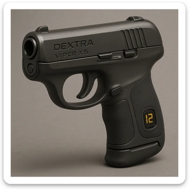 realistic depiction of the Dextra Viper X5 semi-automatic handgun, angled to show both slide and grip, emphasize compact rounded exterior, matte graphite finish, ergonomic grip with overmold panels, digital ammo counter on rear grip, designed for deep concealment and rapid draw sticker