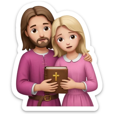 Jesus hugging a girl wearing a pink dress holding a Bible, crying sticker