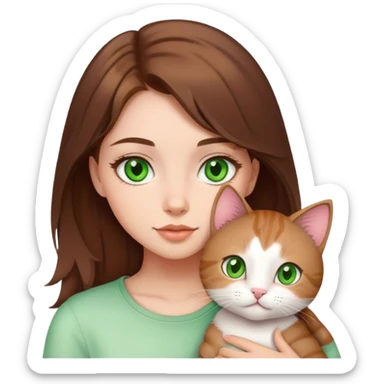 cute girl medium brown hair green eyes and a cute kitty sticker