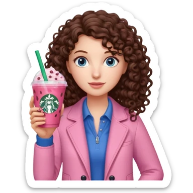 make an emoji of a curly brunette blue eye girl wearing light pink drinking a strawberry acai refresher from starbucks sticker