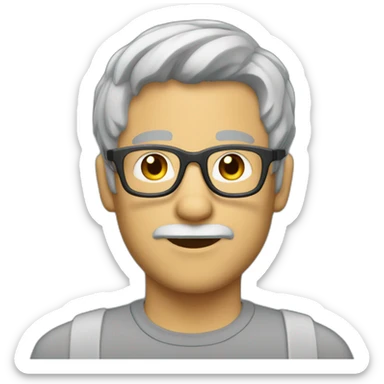 unshaved man short grey hair small glasses and headset sticker