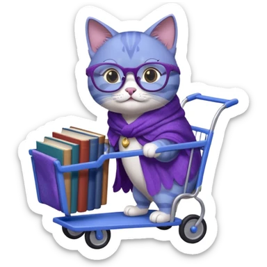 Purple and blue cat with reading glasses and a shawl, pushing a cart full of books sticker