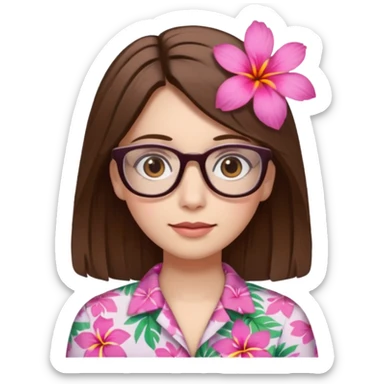 female with white skin. Shoulder length straight brown hair. Brown eyes with glasses. Hawaiian Flower in hair sticker