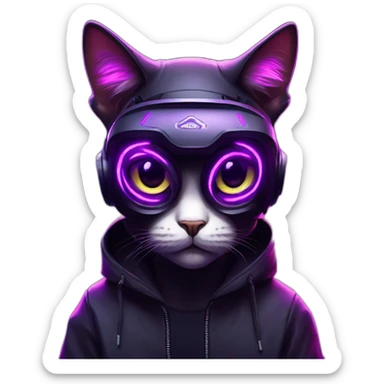 Russian cat wearing a black hoodie with "OMG" letters on it and VR headset in a cyberpunk VR environment with violet neon lighting. sticker