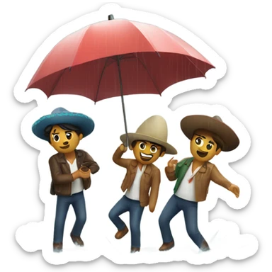 4 mexican friends with umbrella playing with a ship in the rain sticker