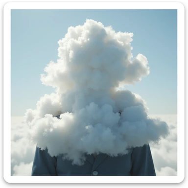 person, upper body up to the shoulders entirely composed of voluminous clouds, clouds forming the silhouette, realistic illustration sticker