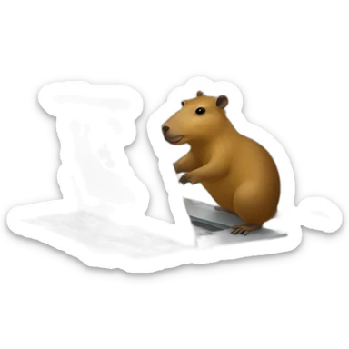 Capybara with a Macbook in the bathroom, around a duck sticker