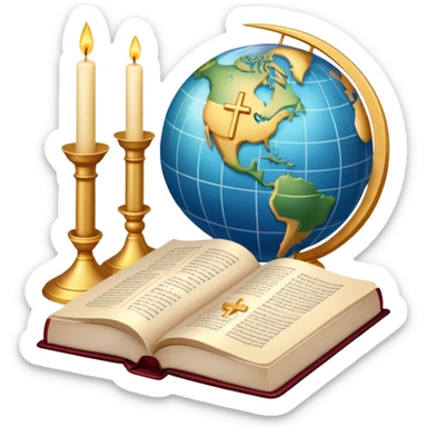 An icon featuring a holy book, a candle, and a cross, symbolizing religious studies. The design includes a globe with various religious symbols: a crescent moon and star (Islam), a lotus flower (Buddhism), representing global belief systems. Transparent background. sticker