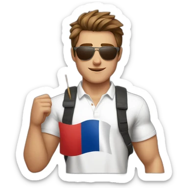 A young fit man with a white shirt and sunglasses on his hair with brown hair and a French flag in his hand sticker